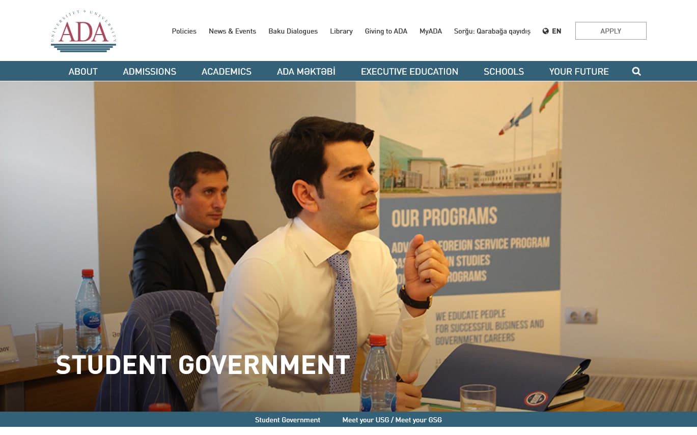 The Student Government section of the ADA University site: the section banner and its own sub-navigation.