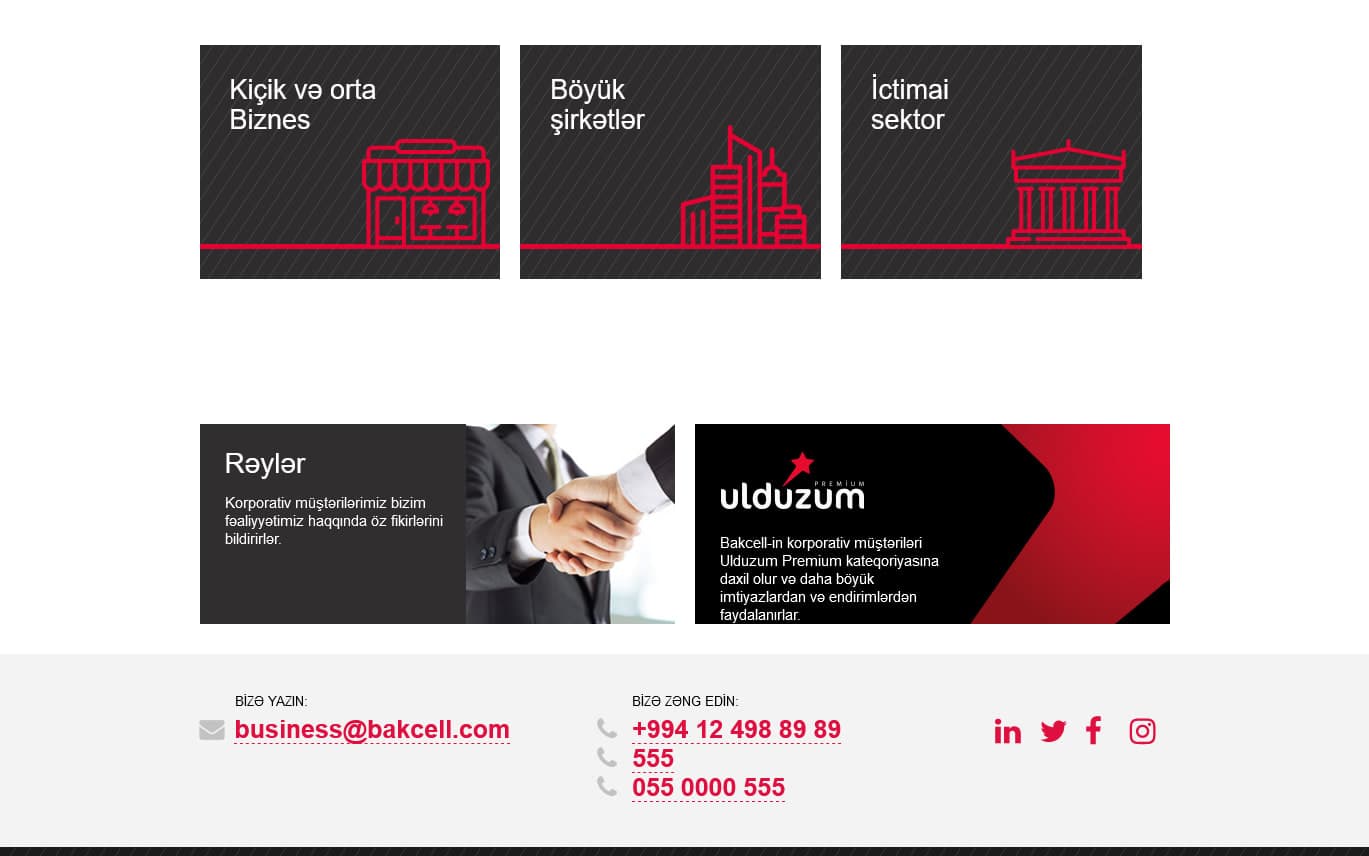 The home page below the banner: the three segment tiles, customer reviews, the Ulduzum programme and the business contact line.