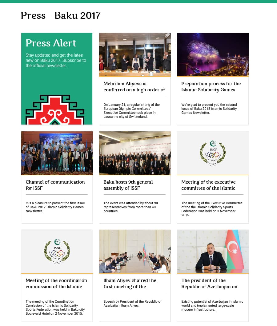 The Press section: a newsletter sign-up beside the grid of press releases, each with its photograph and summary.