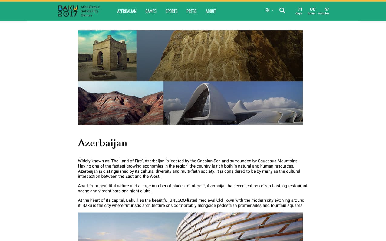 The Azerbaijan section of the Games site, introducing the host country and city to visiting delegations.