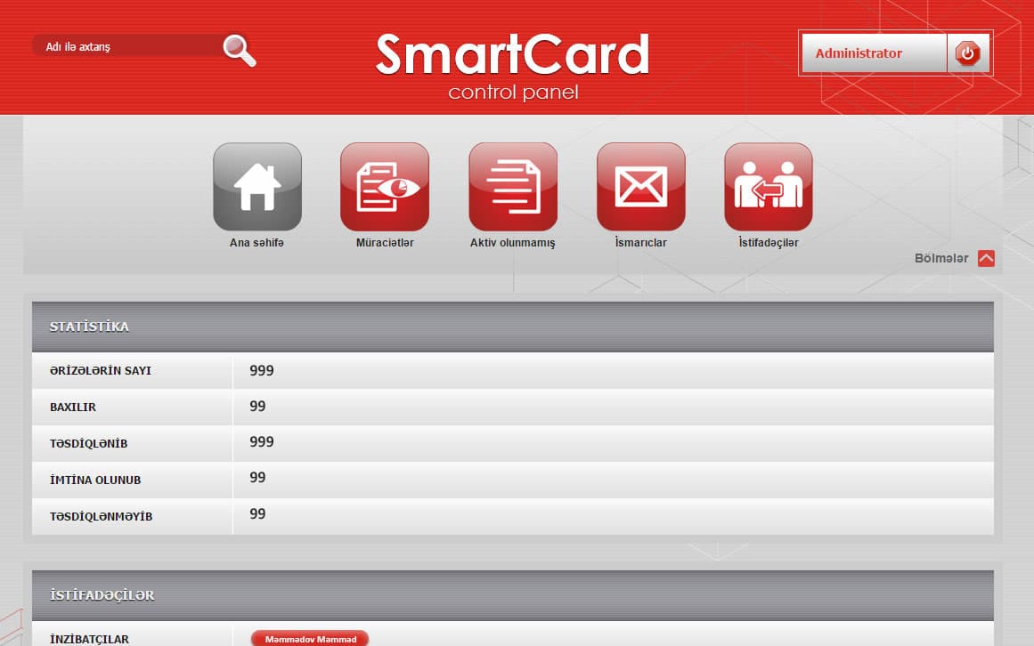 SmartCard idarəetmə paneli, müraciət statistikası və daxil olan sorğuların işlənməsi bölmələri ilə.