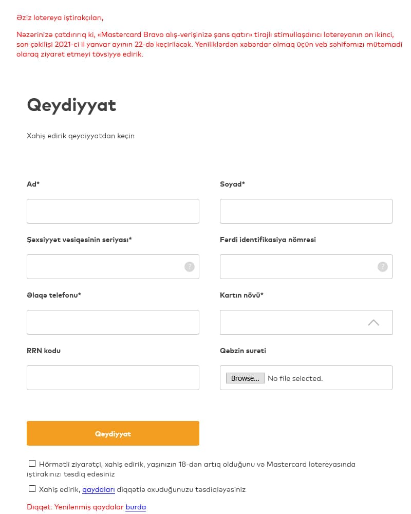 Şəxsi məlumatlar, RRN kodu və qəbz yükləməsini tələb edən promouşen saytının iştirak forması.