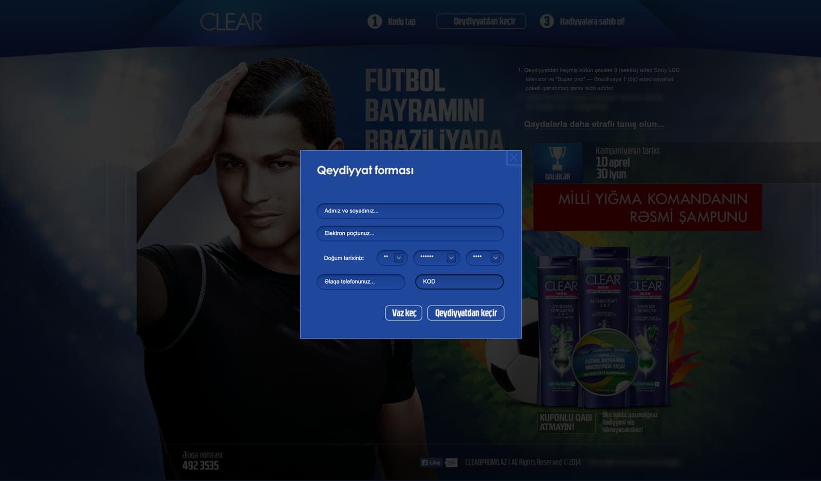 The registration window over the home page: fields for name and surname, e-mail, date of birth, phone and the code, with Cancel and Register buttons.