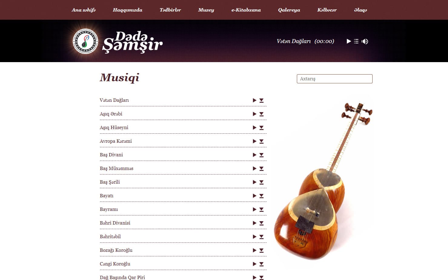 Dədə Şəmşir arxivinin musiqi bölməsi: oxutma və yükləmə idarəetmələri ilə sadalanan səs yazıları.