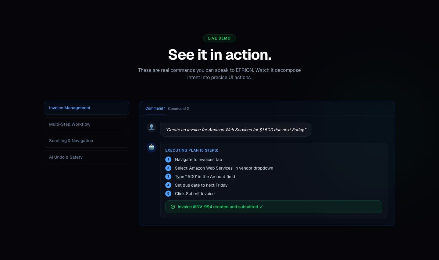 Canlı demo: səslə deyilən «Create an invoice for Amazon Web Services for $1,500 due next Friday» əmri beş addımlıq plana bölünür və fakturanın yaradılması ilə tamamlanır.