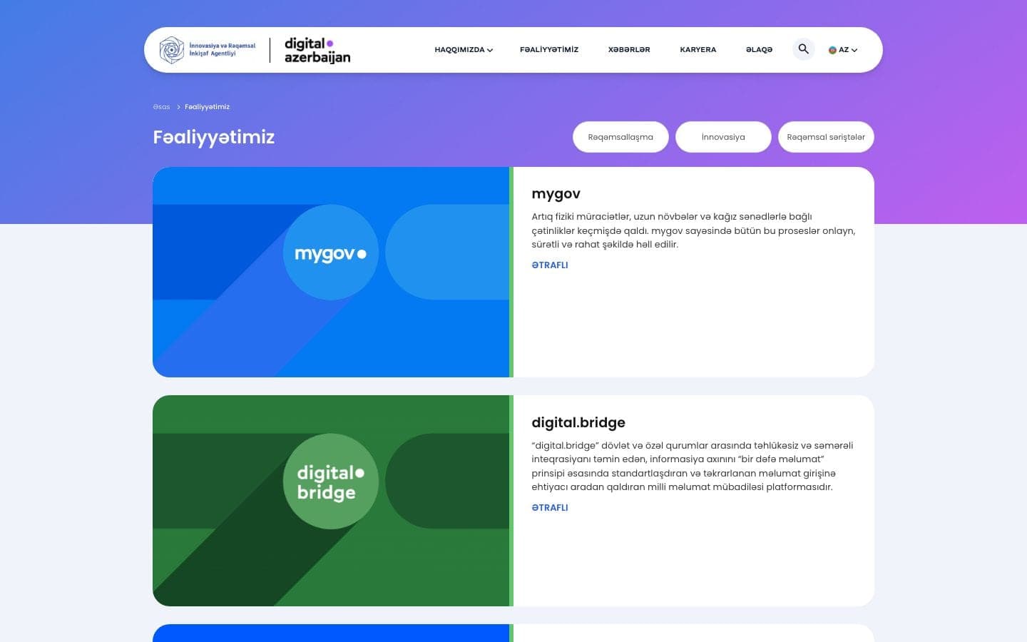 «Fəaliyyətimiz» səhifəsi: rəqəmsallaşma, innovasiya və rəqəmsal bacarıqlar üçün filtr düymələri ilə mygov və digital.bridge layihə kartları.