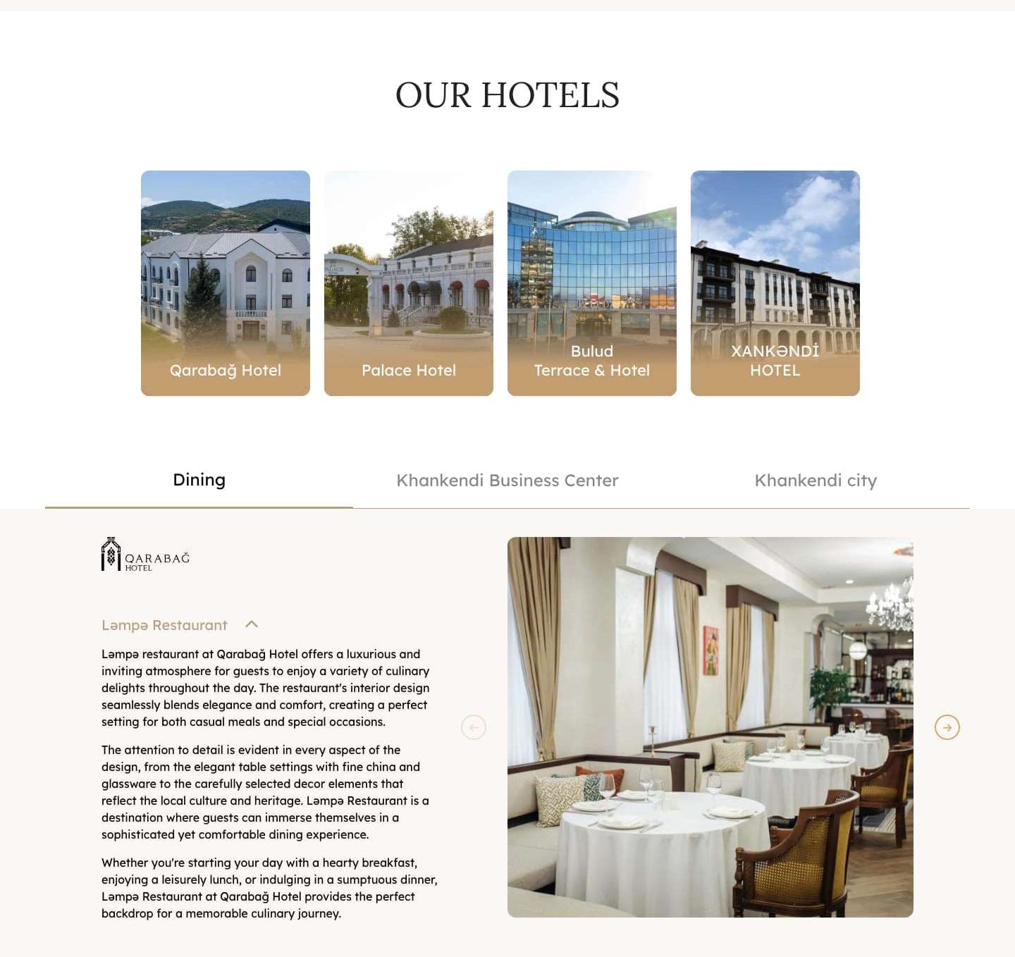 Otellərimiz: restoranlar, biznes mərkəzi və şəhər üçün bölmələrin, eləcə də ilk restoranın üzərində dörd fotokart — Qarabağ, Palace, Bulud Terrace & Hotel və Xankəndi Hotel.
