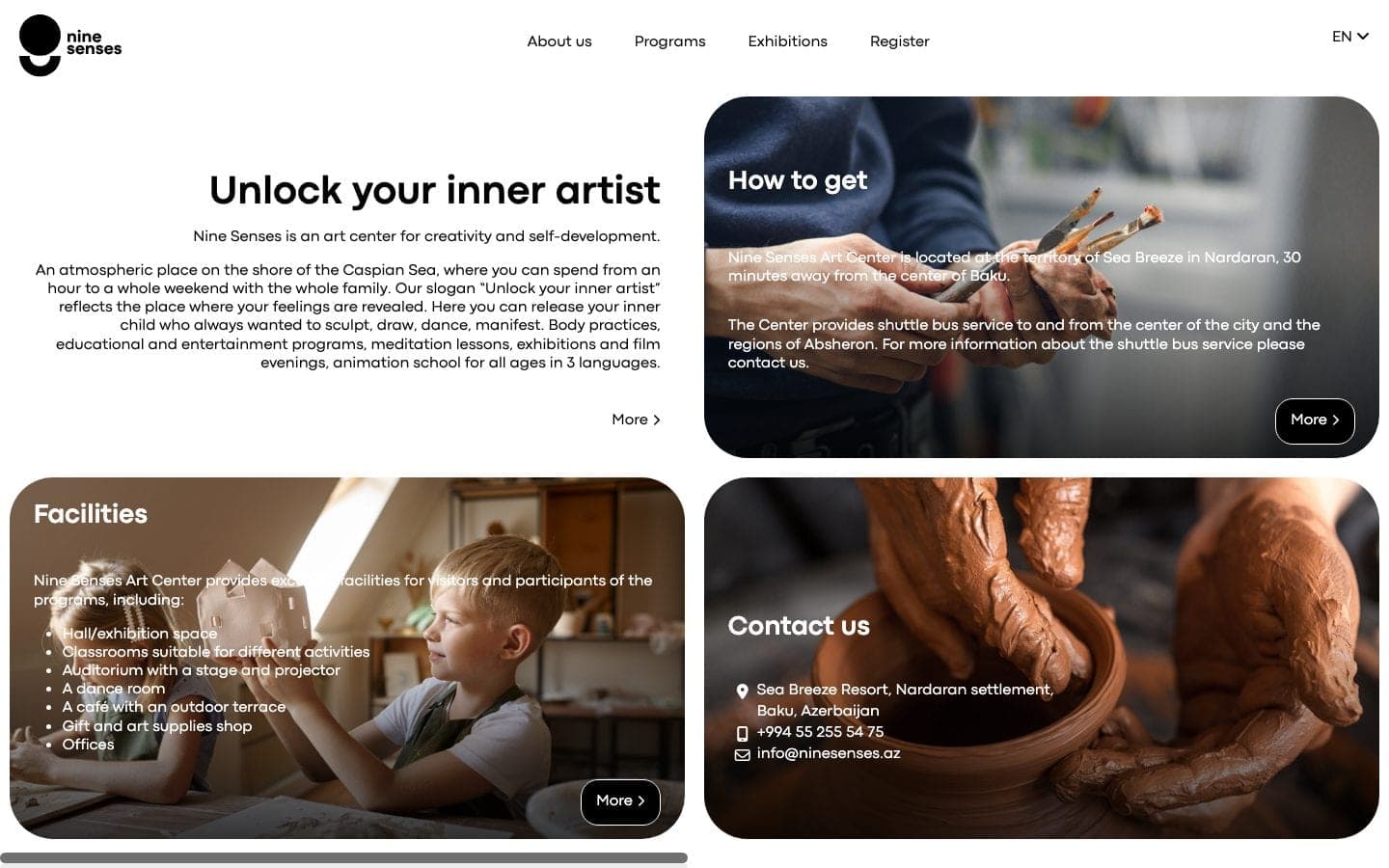 Sıranın davamında: mərkəzin təsviri ilə «Unlock your inner artist» bloku və «How to get», «Facilities» və «Contact us» kartları.
