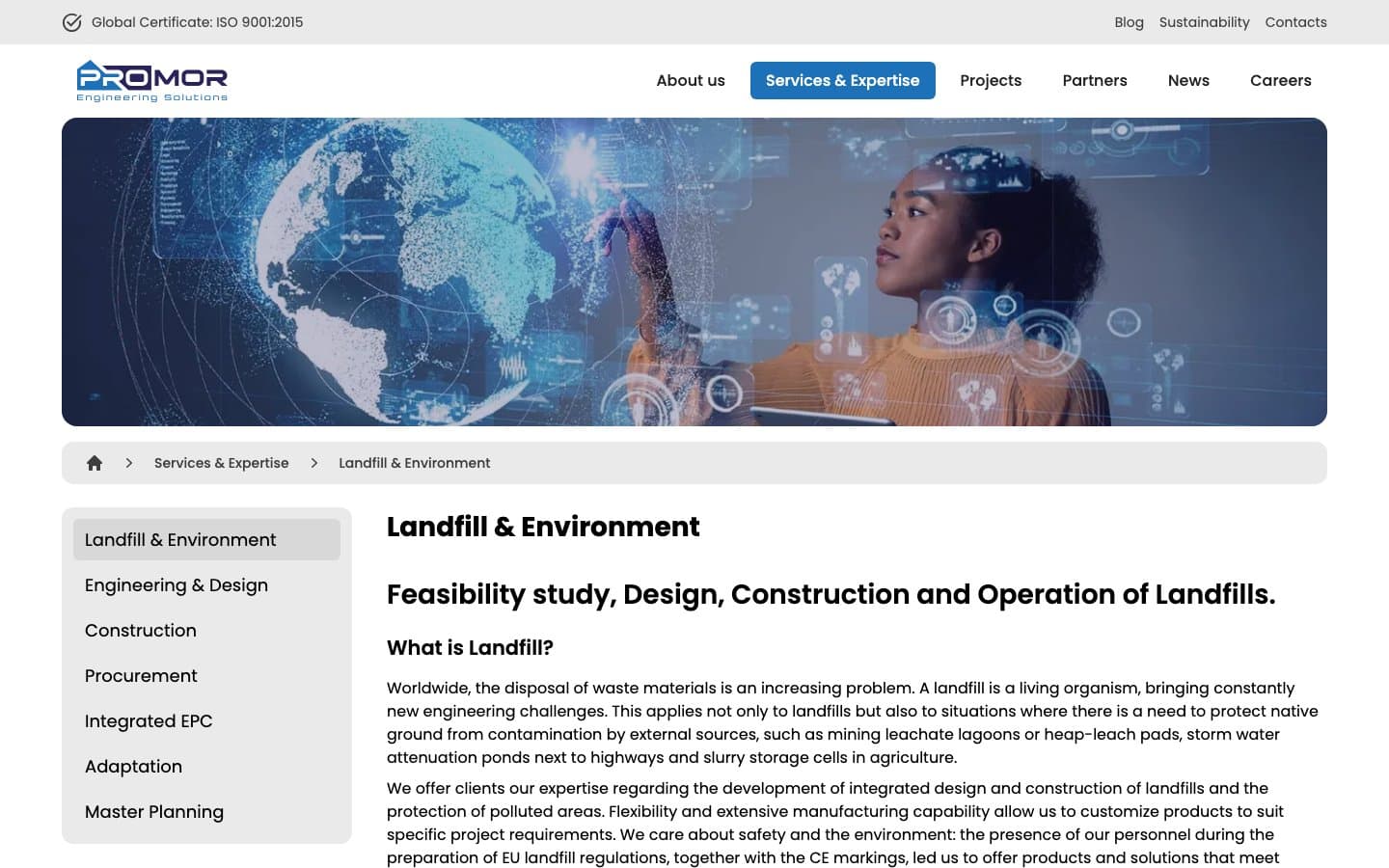 PROMOR service page Landfill & Environment, with the list of all seven services on the left.