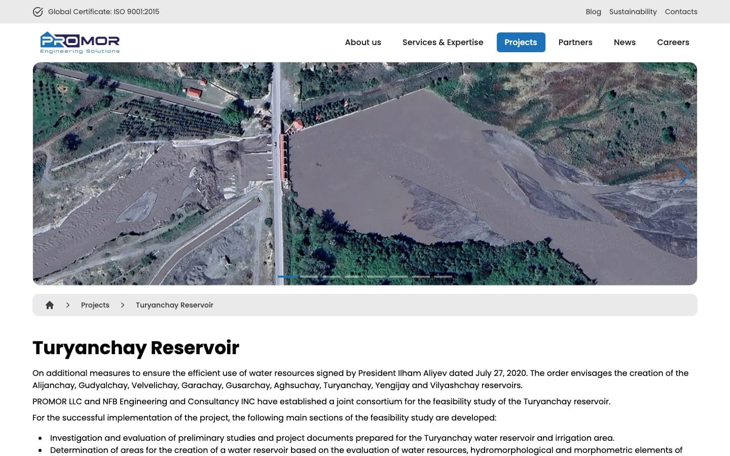 PROMOR project page Turyanchay Reservoir: an aerial photo gallery above the project description.