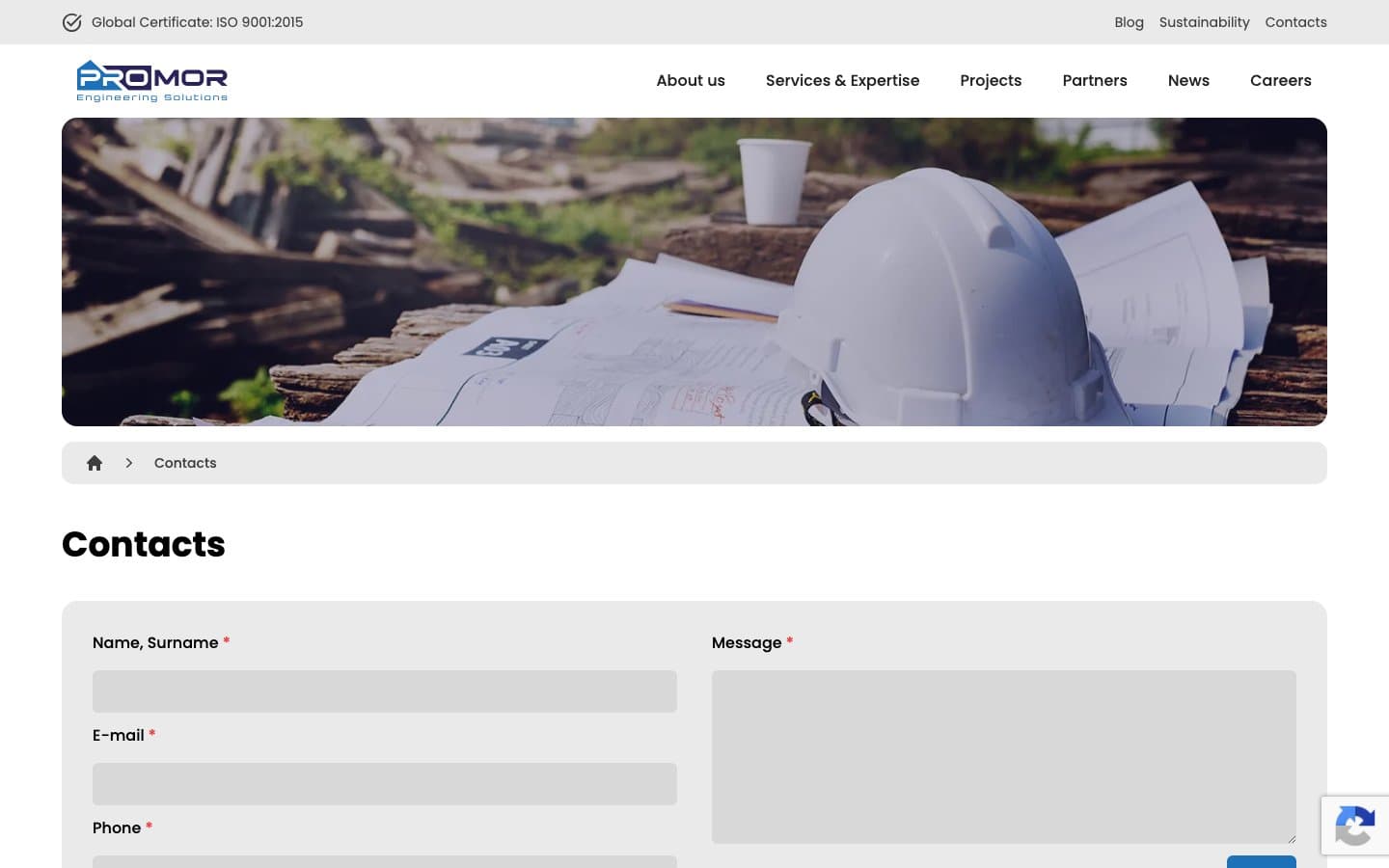 PROMOR contacts page: a form with name, e-mail, phone and message fields.