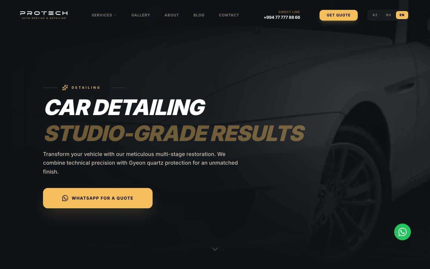 Avtomobil deteylinqi səhifəsi: tündləşdirilmiş avtomobil fotosu üzərində «Car Detailing, Studio-Grade Results» başlığı və «WhatsApp for a Quote» düyməsi.