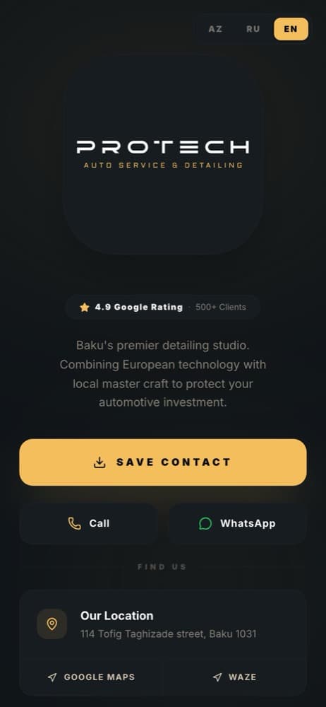 Telefonda rəqəmsal vizit kartı: PROTECH loqosu, kontaktı yadda saxlamaq düyməsi, zəng və WhatsApp düymələri, həmçinin Google Maps və Waze keçidləri olan ünvan.