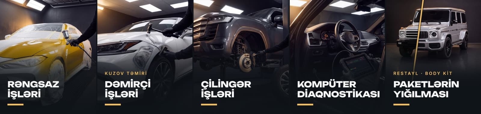 Üçüncü banner: rəngləmə, kuzov işləri, çilingər işləri, kompüter diaqnostikası və bodi-kit quraşdırılması.